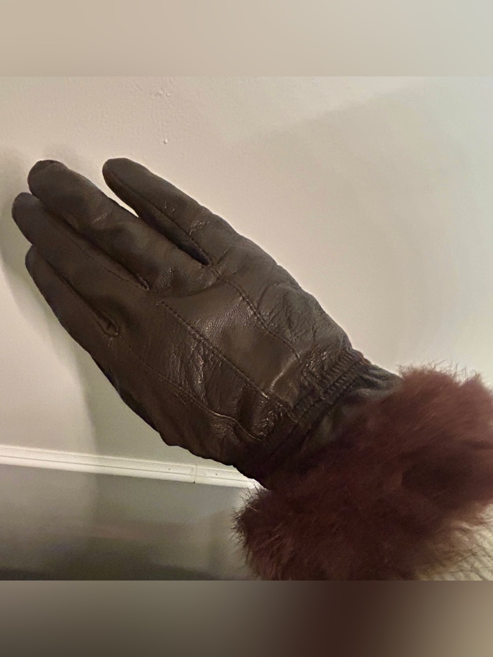 Vintage Brown Genuine Leather Gloves with Faux Rabbit Fur Cuffs, Womenβs medium
